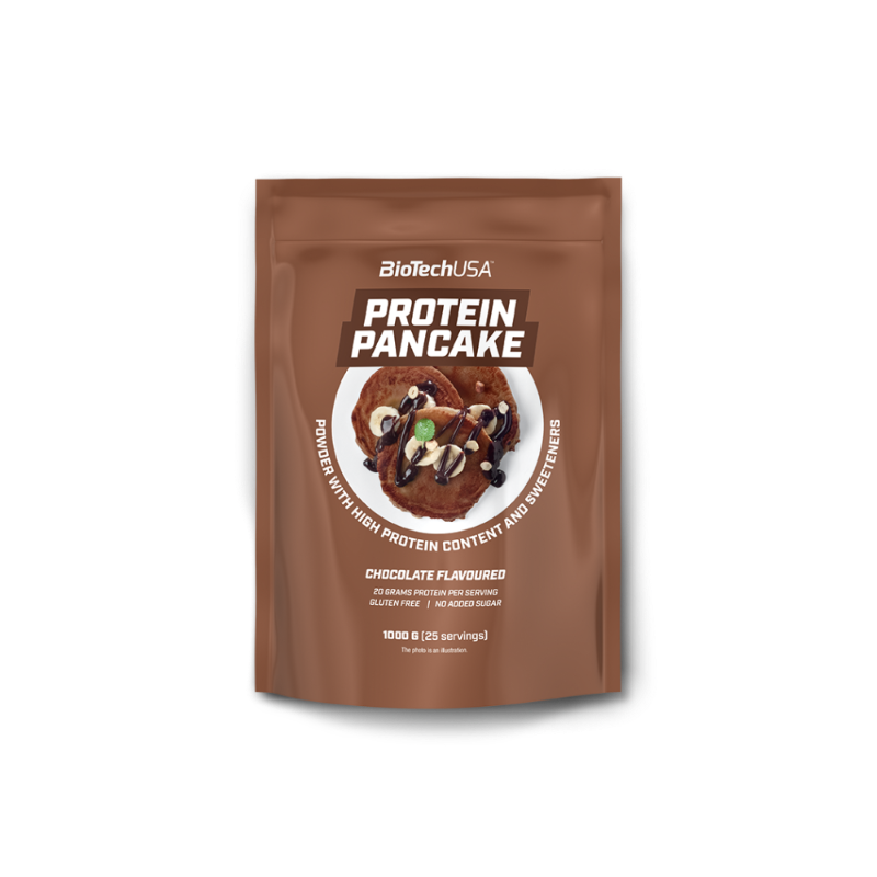 Sachet BioTechUSA Protein Pancake saveur chocolat 1 kg de couleur marron avec assiette de pancakes chocolat décorés de copeaux et noix
