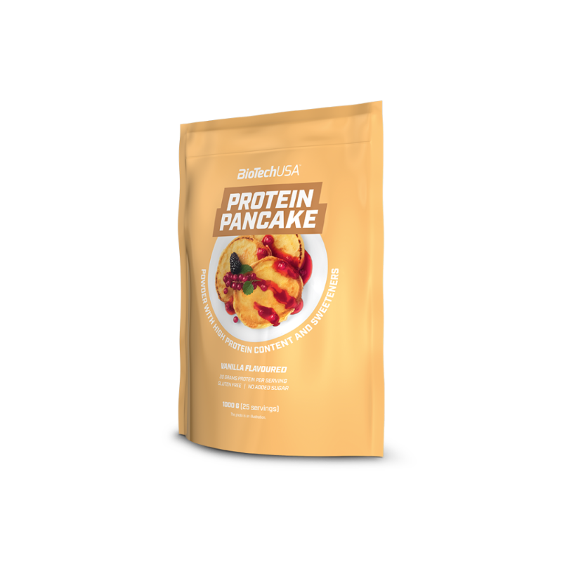 Sachet BioTechUSA Protein Pancake goût vanille 1 kg de couleur beige avec visuel de pancakes nappés de coulis rouge et fruits des bois