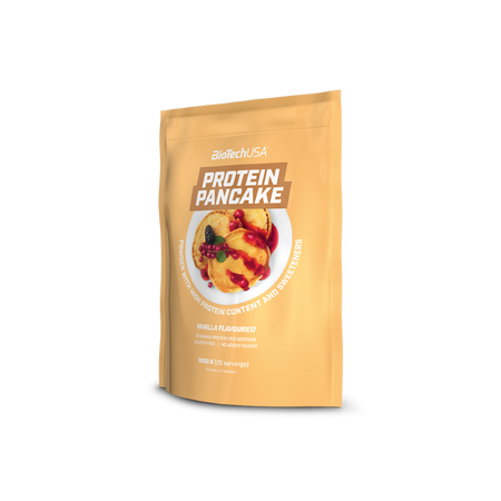 Sachet BioTechUSA Protein Pancake goût vanille 1 kg de couleur beige avec visuel de pancakes nappés de coulis rouge et fruits des bois