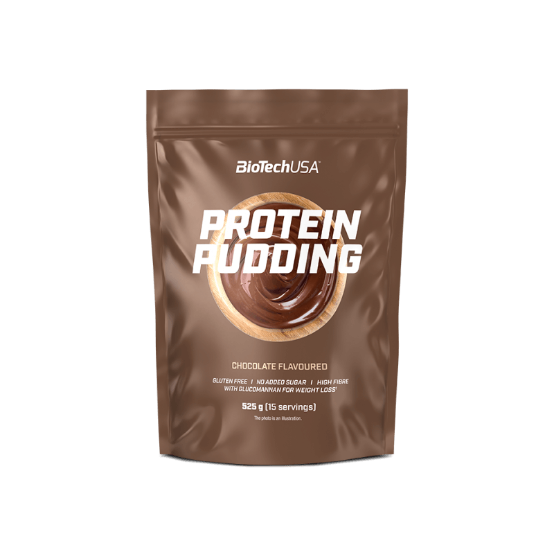 Sachet brun BiotechUSA Protein Pudding goût chocolat de 525 g vu de face sur fond blanc.