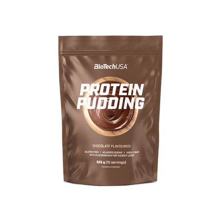 Sachet brun BiotechUSA Protein Pudding goût chocolat de 525 g vu de face sur fond blanc.
