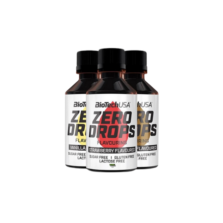 Trois flacons d’arômes liquides BioTechUSA Zero Drops sans sucre alignés, avec goût fraise en avant et vanille et noisette en arrière-plan sur fond blanc