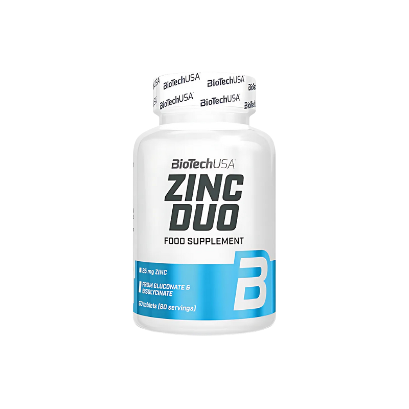Pot BioTechUSA Zinc Duo 60 comprimés, complément alimentaire apportant 12,5mg de zinc par demi-comprimé à partir de gluconate et bisglycinate pour l’immunité et la testostérone