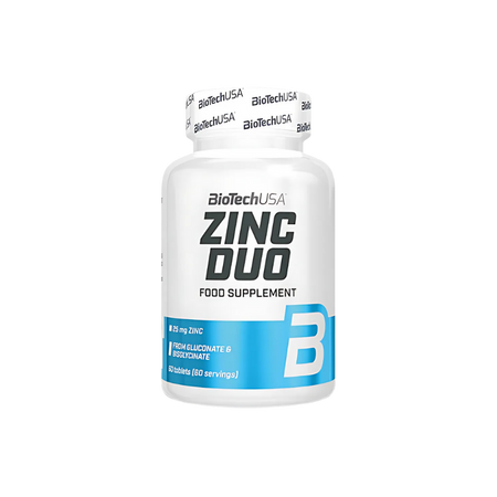 Pot BioTechUSA Zinc Duo 60 comprimés, complément alimentaire apportant 12,5mg de zinc par demi-comprimé à partir de gluconate et bisglycinate pour l’immunité et la testostérone