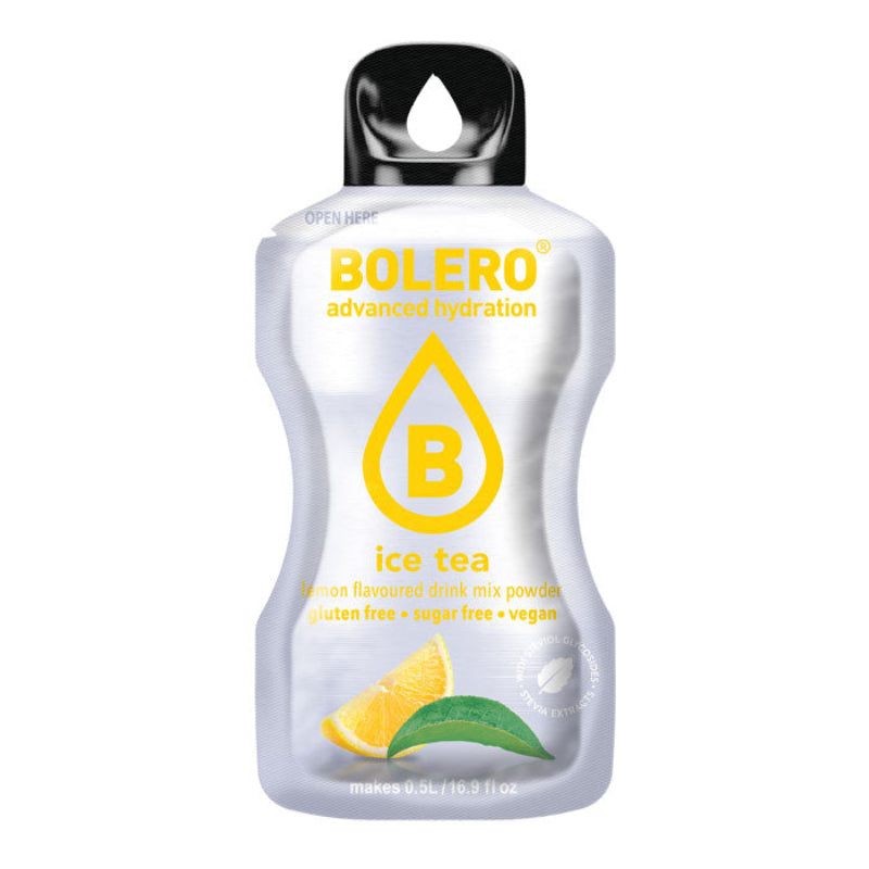 Stick de boisson Bolero Ice Tea citron sans sucre avec tranche de citron et feuille de thé verte sur le bas du sachet argenté
