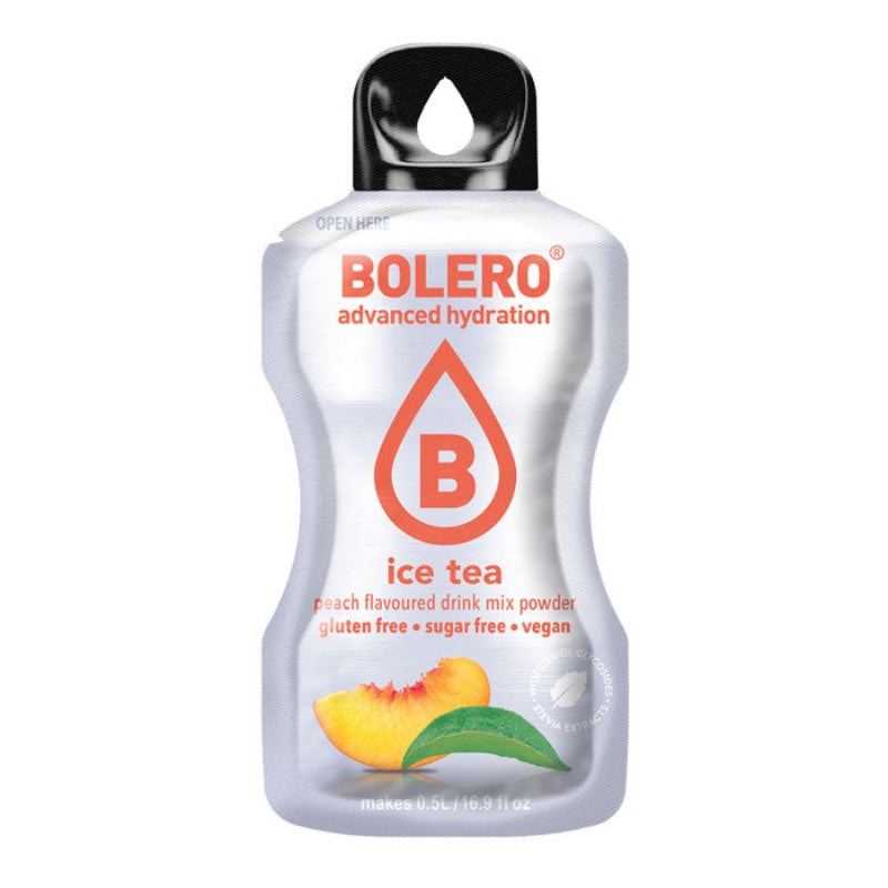 Sachet argenté de boisson Bolero Ice Tea pêche sans sucre avec quartier de pêche et feuille de thé en visuel