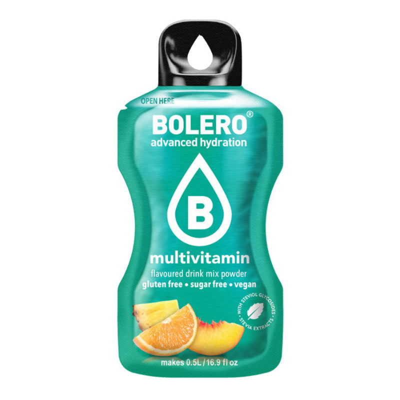 Sachet de boisson en poudre Bolero Multivitamin sans sucre avec tranches d’orange, pêche et ananas en visuel