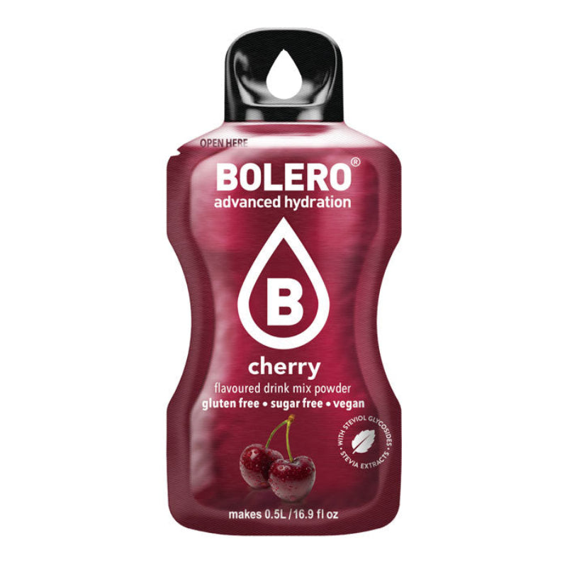Sachet de boisson Bolero aromatisée à la cerise sans sucre avec deux cerises rouges juteuses sur le bas du sachet bordeaux