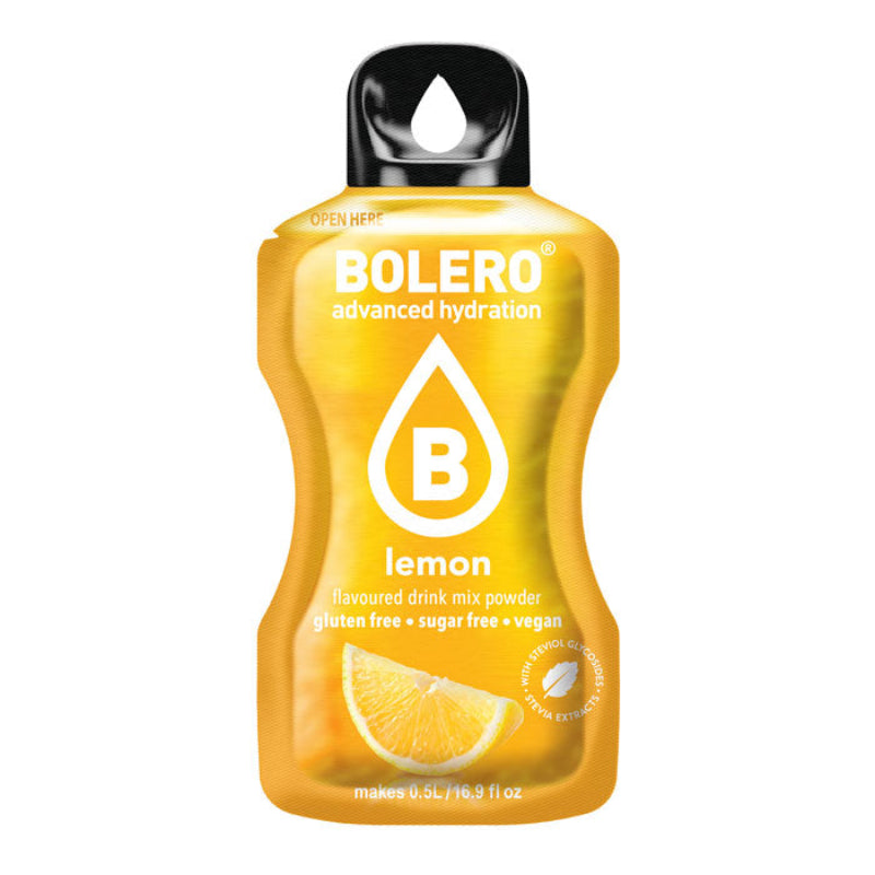 Sachet de boisson Bolero arôme citron sans sucre avec quartier de citron jaune éclatant sur le bas du packaging