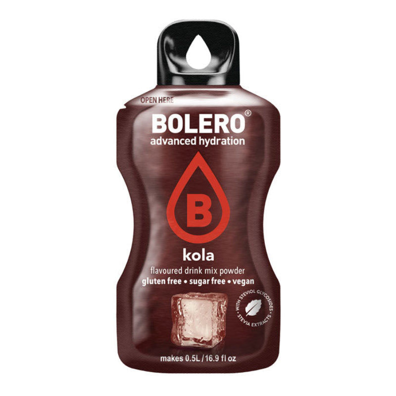 Sachet de boisson Bolero arôme cola zéro sucre avec cube de glace transparent en visuel sur le bas du sachet brun