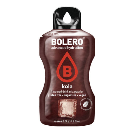 Sachet de boisson Bolero arôme cola zéro sucre avec cube de glace transparent en visuel sur le bas du sachet brun