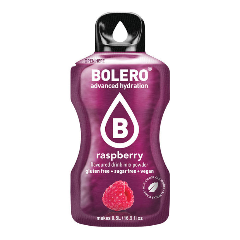 Stick de boisson Bolero goût framboise sans sucre avec framboise rouge illustrée au bas du packaging violet