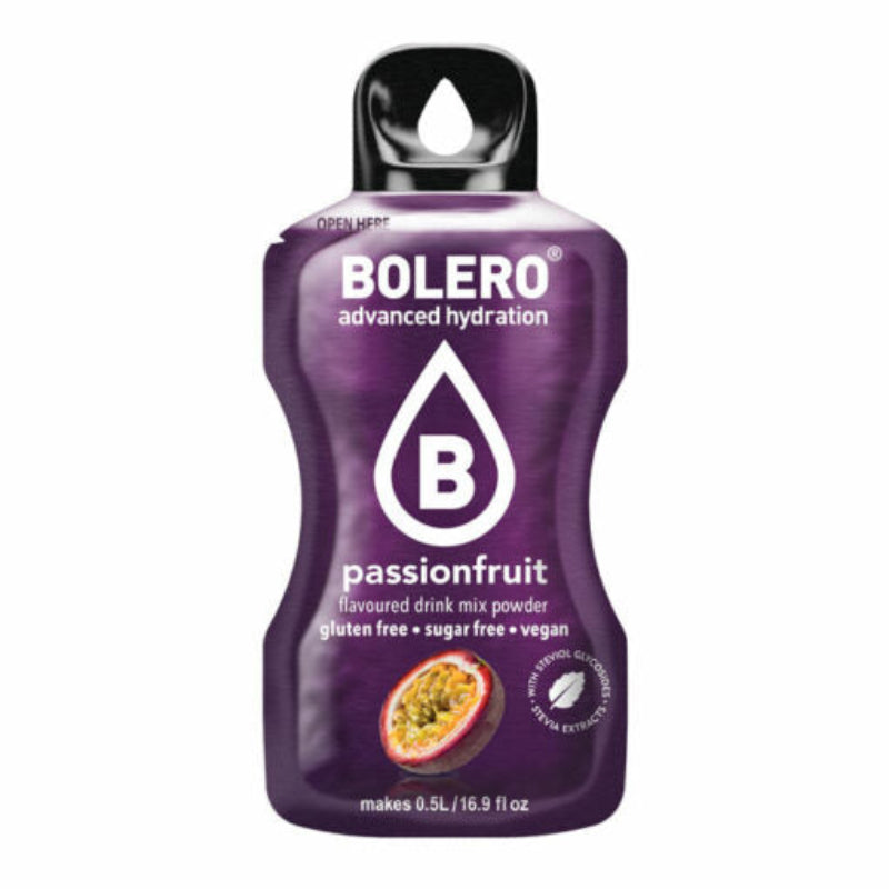 Stick de boisson en poudre Bolero saveur fruit de la passion zéro sucre avec demi-passion illustrée sur le bas de l’emballage violet