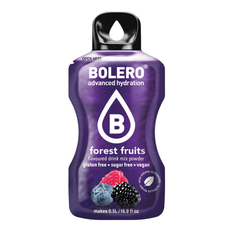 Stick de boisson en poudre Bolero fruits des bois zéro sucre avec myrtille, framboise et mûre illustrées au bas du sachet violet