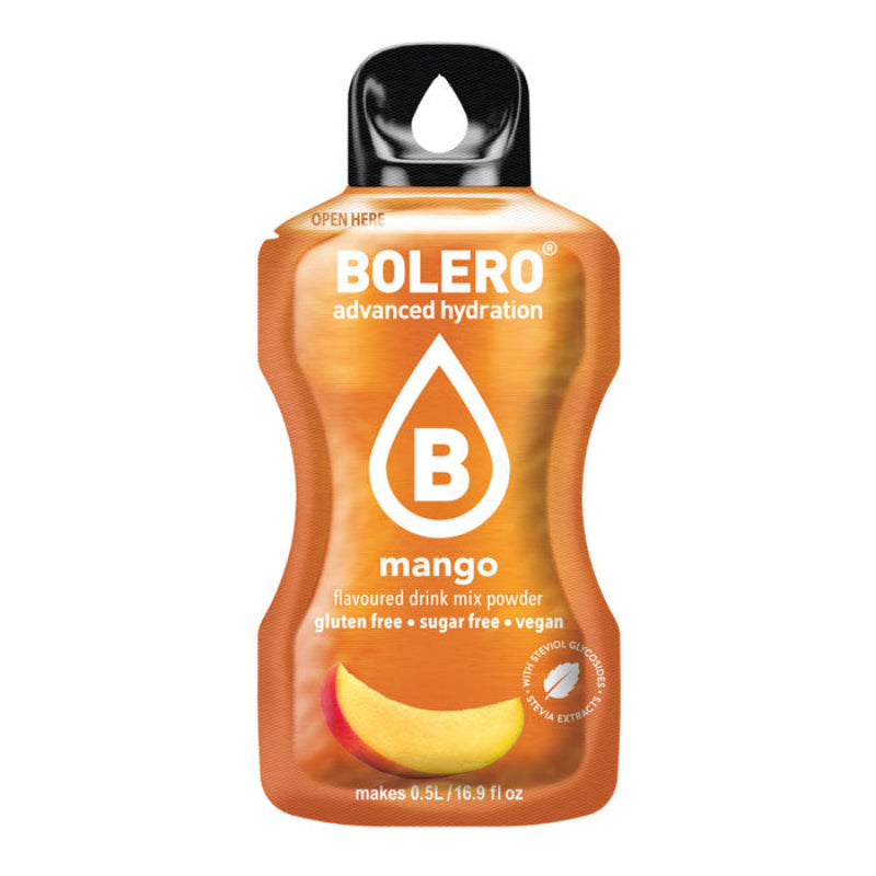 Sachet de boisson Bolero saveur mangue sans sucre avec quartier de mangue jaune orangé sur le bas du sachet