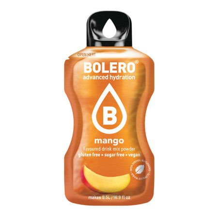 Sachet de boisson Bolero saveur mangue sans sucre avec quartier de mangue jaune orangé sur le bas du sachet