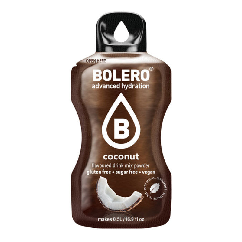 Sachet de boisson Bolero goût noix de coco sans sucre avec demi-noix de coco blanche illustrée en bas du packaging brun