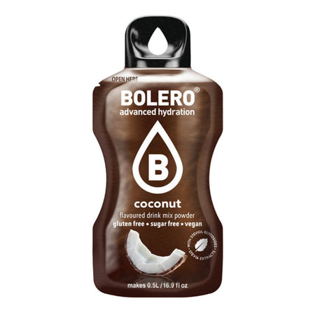 Sachet de boisson Bolero goût noix de coco sans sucre avec demi-noix de coco blanche illustrée en bas du packaging brun