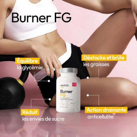 Femme sportive avec pot de Burner FG Eiyolab, compléments indiquant équilibre de la glycémie, brûle-graisses, réduction des envies de sucre et action anticellulite