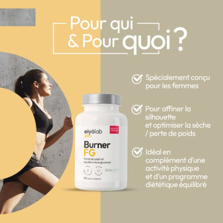 Présentation du brûleur de graisses Eiyolab Burner FG pour femmes, idéal pour affiner la silhouette et accompagner une sèche avec activité physique