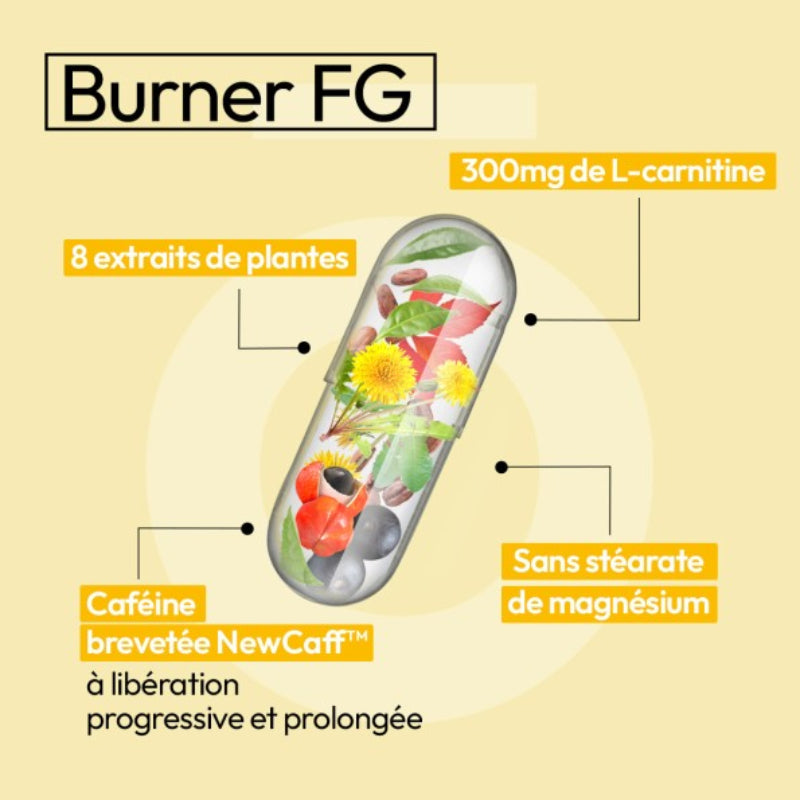 Visuel capsule Eiyolab Burner FG avec L-carnitine, caféine NewCaff et 8 extraits de plantes, complément minceur sans stéarate de magnésium