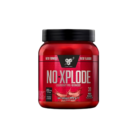 Pot BSN NO Xplode pre-workout 390g saveur Red Rush, 30 doses, 200mg caféine pour énergie et focus