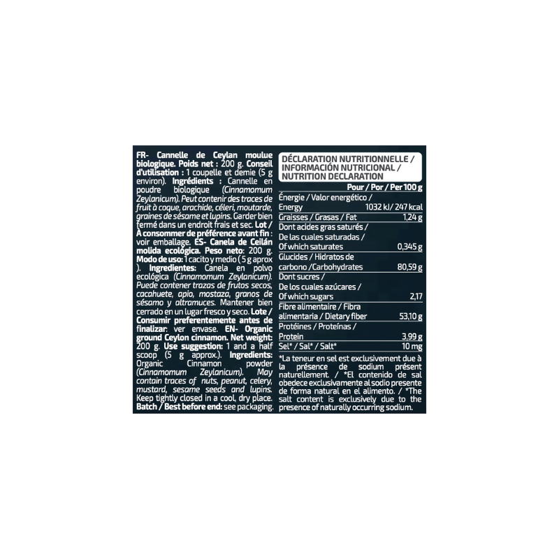 Étiquette Iogenix Organic Ceylon Cinnamon Powder 200g, informations ingrédients et déclaration nutritionnelle de cannelle de Ceylan moulue bio