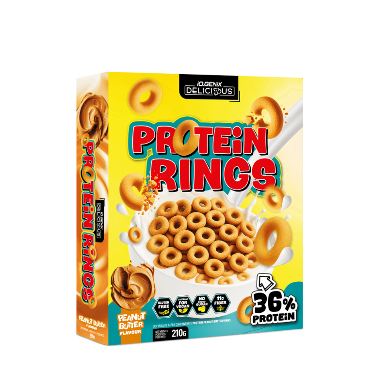 Céréales protéinées IO.Genix Protein Rings goût beurre de cacahuète – 36% de protéines, sans sucre ajouté, vegan et sans gluten