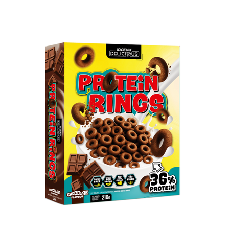 Céréales protéinées IO.Genix Protein Rings goût chocolat – 36% de protéines, sans sucre ajouté, vegan et sans gluten