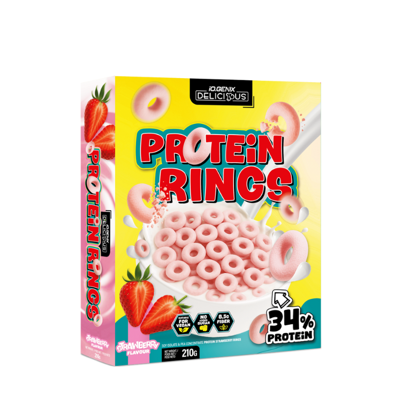 Céréales protéinées IO.Genix Protein Rings goût fraise – 34% de protéines, sans sucre ajouté, vegan et sans gluten