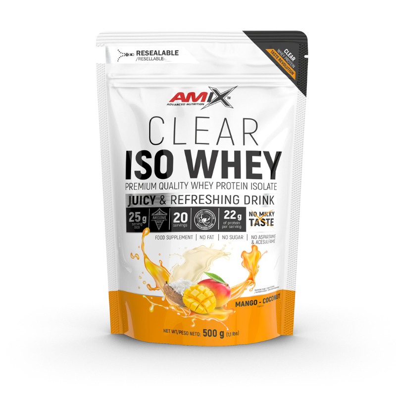 Pochette blanche et orange de protéine Clear ISO Whey goût mangue et coco d’Amix, isolat de whey légère et rafraîchissante, riche en protéines et faible en sucres.
