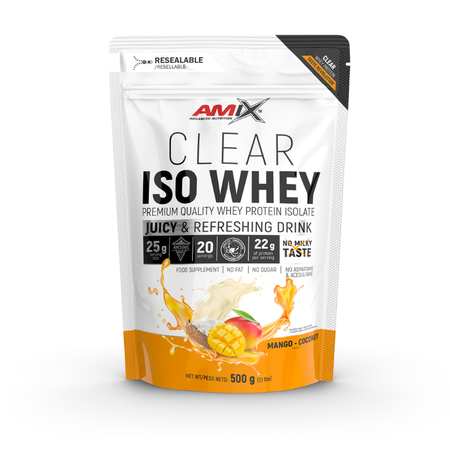 Pochette blanche et orange de protéine Clear ISO Whey goût mangue et coco d’Amix, isolat de whey légère et rafraîchissante, riche en protéines et faible en sucres.