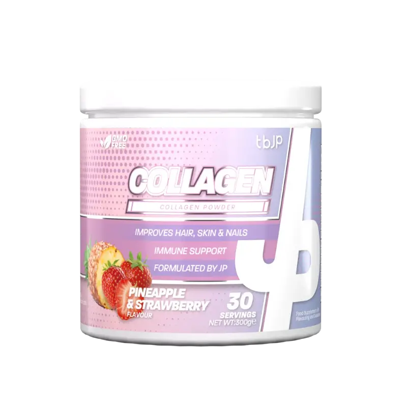 Pot TBJP Collagen Powder 300g goût pêche, complément de collagène hydrolysé types I, II et III soutenant articulations, tendons, ligaments et beauté de la peau