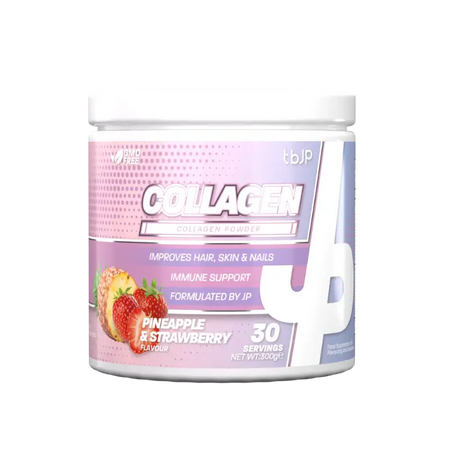 Pot TBJP Collagen Powder 300g goût pêche, complément de collagène hydrolysé types I, II et III soutenant articulations, tendons, ligaments et beauté de la peau