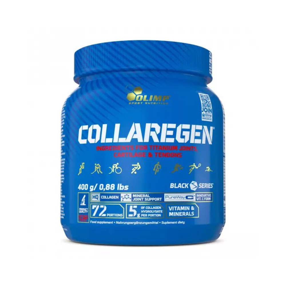 Pot Olimp Collaregen 400g, complément articulaire en poudre apportant 5g de collagène hydrolysé par dose avec vitamine C PureWay-C, manganèse et cuivre chélatés pour le soutien du cartilage et des tendons