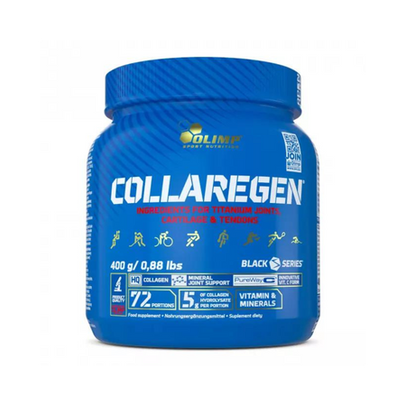 Pot Olimp Collaregen 400g, complément articulaire en poudre apportant 5g de collagène hydrolysé par dose avec vitamine C PureWay-C, manganèse et cuivre chélatés pour le soutien du cartilage et des tendons