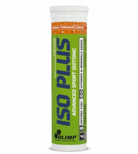 Tube de comprimés effervescents ISO Plus Olimp Sport Nutrition goût orange, boisson isotonique avec vitamines et minéraux pour le sport