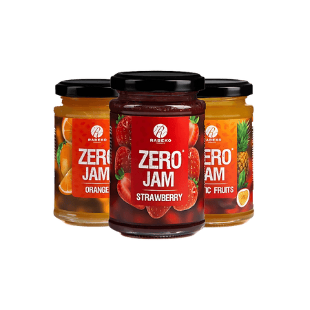 Pots de confiture Rabeko Zero Jam aux saveurs fraise, orange et fruits exotiques, sans sucres ajoutés et faibles en calories, parfaits pour une alimentation saine et gourmande.