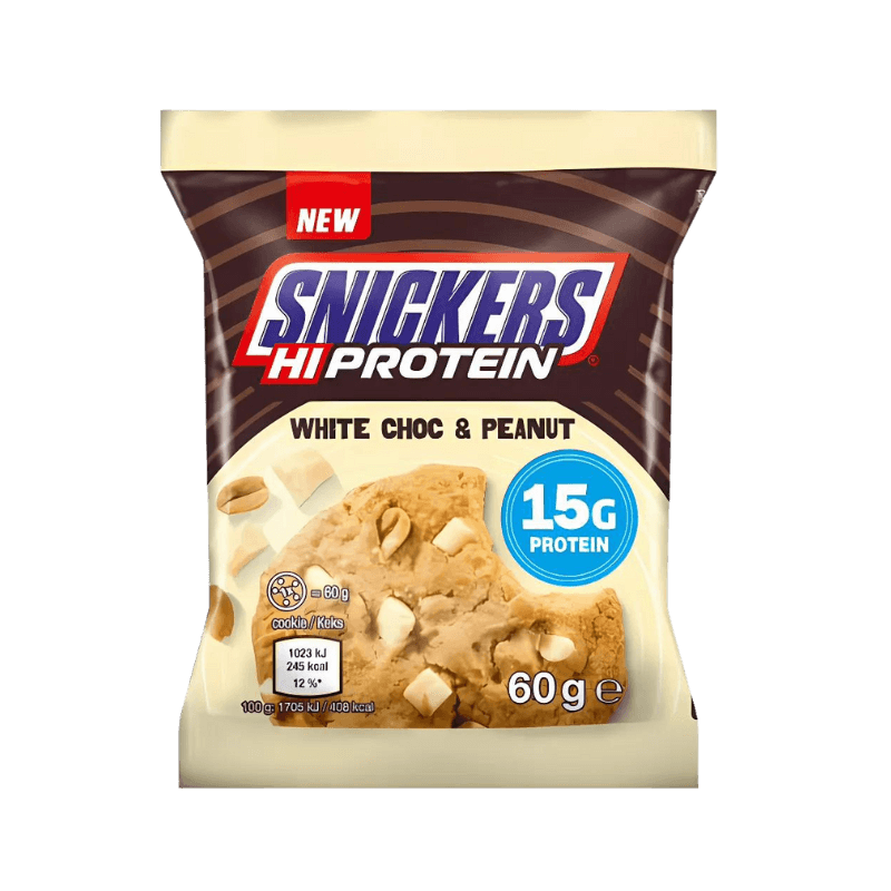 Cookie protéiné Snickers Hi Protein chocolat et cacahuètes, emballage vert et marron mettant en avant 15 g de protéines pour un cookie de 60 g