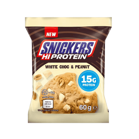 Cookie protéiné Snickers Hi Protein chocolat et cacahuètes, emballage vert et marron mettant en avant 15 g de protéines pour un cookie de 60 g