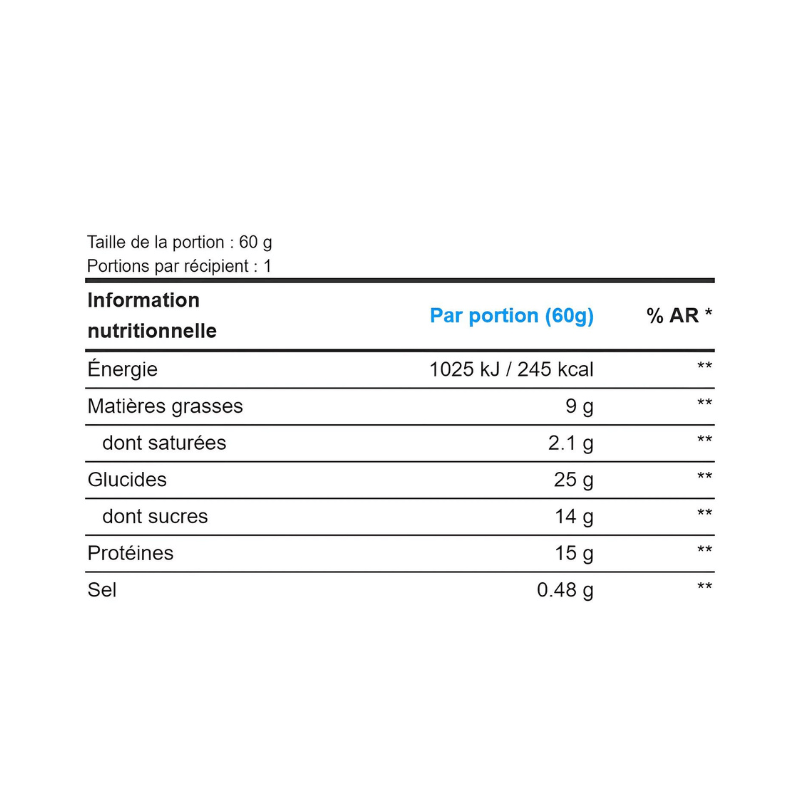 Tableau nutritionnel pour un cookie protéiné Snickers de 60 g indiquant environ 245 kcal, 9 g de graisses dont 2,1 g saturées, 25 g de glucides dont 14 g de sucres, 15 g de protéines et 0,48 g de sel