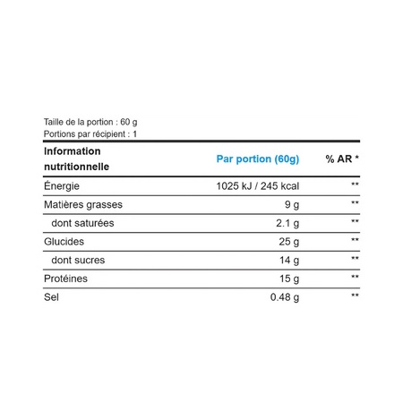 Tableau nutritionnel pour un cookie protéiné Snickers de 60 g indiquant environ 245 kcal, 9 g de graisses dont 2,1 g saturées, 25 g de glucides dont 14 g de sucres, 15 g de protéines et 0,48 g de sel