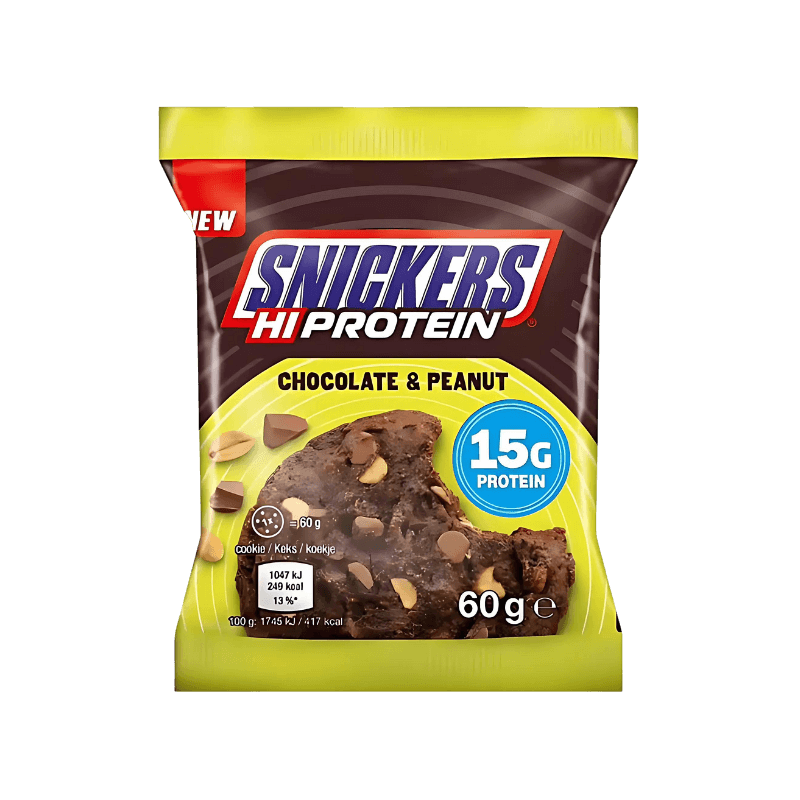 Cookie protéiné Snickers Hi Protein saveur chocolat blanc et cacahuètes, emballage beige et marron affichant 15 g de protéines pour un cookie de 60 g