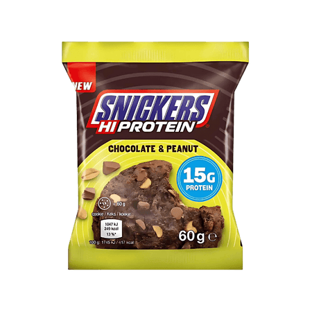 Cookie protéiné Snickers Hi Protein saveur chocolat blanc et cacahuètes, emballage beige et marron affichant 15 g de protéines pour un cookie de 60 g