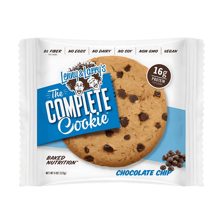 Cookie protéiné Lenny & Larry’s The Complete Cookie saveur pépites de chocolat, sachet blanc et bleu affichant 16 g de protéines, 8 g de fibres, sans œufs, sans lait, sans soja, non OGM et végan