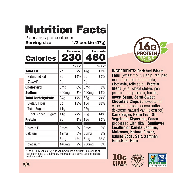 Étiquette Nutrition Facts du Complete Cookie chocolate chip indiquant 230 kcal par demi-cookie et 460 kcal par cookie entier, 14 g de lipides, 68 g de glucides, 10 g de fibres, 22 g de sucres et 16 g de protéines, avec liste détaillée des ingrédients