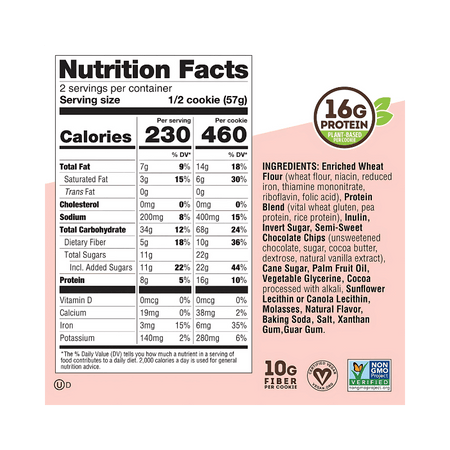 Étiquette Nutrition Facts du Complete Cookie chocolate chip indiquant 230 kcal par demi-cookie et 460 kcal par cookie entier, 14 g de lipides, 68 g de glucides, 10 g de fibres, 22 g de sucres et 16 g de protéines, avec liste détaillée des ingrédients