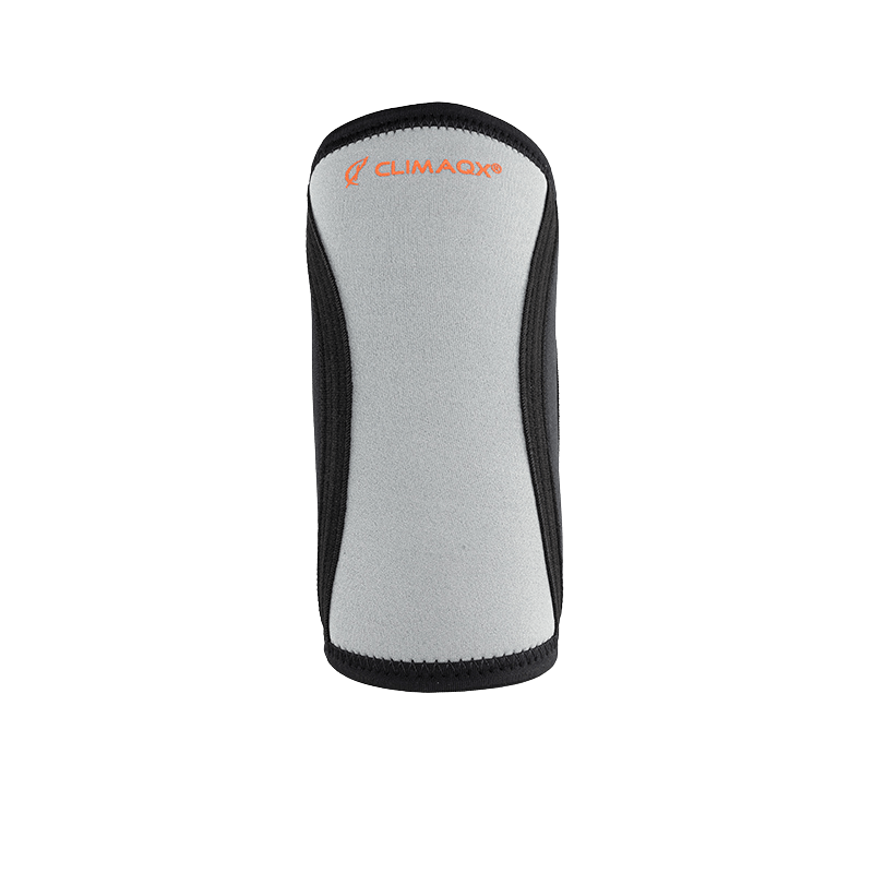 Coudière de compression Climaqx gris clair et noir vue de face pour le soutien du coude en musculation