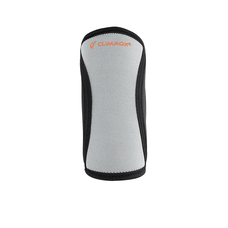 Coudière de compression Climaqx gris clair et noir vue de face pour le soutien du coude en musculation