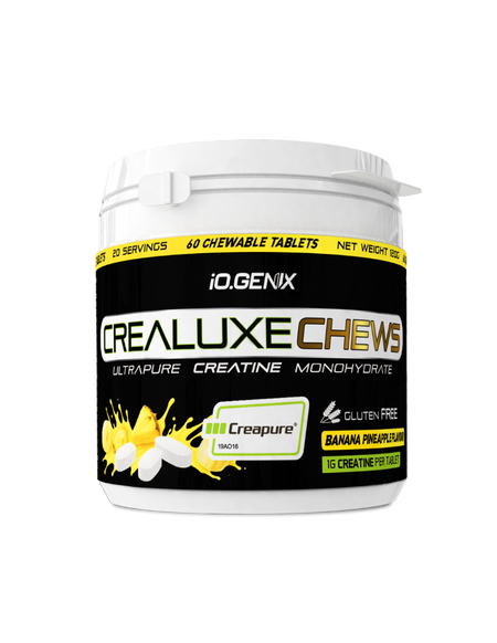 Pot de créatine monohydrate Crealuxe Chews IO Genix goût banane ananas, 60 comprimés à mâcher Creapure